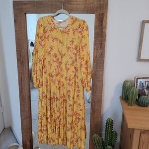 ZARA DRESS FLORAL A LINE RUFFLE SMOCKED YELLOW LARGE